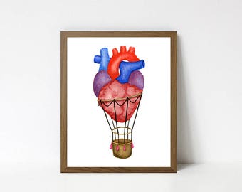 Anatomical heart watercolor painting (reproduction giclee print anatomy whimsical hot air balloon love art medical cardiology)