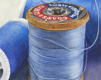 Realistic watercolor giclee reproduction small print sewing craft room decor vintage blue periwinkle thread spools (photorealism fine art)