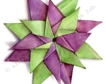 8x10 paper star origami realistic watercolor painting (giclee print triangle geometric art purple green folded paper starburst photorealism)