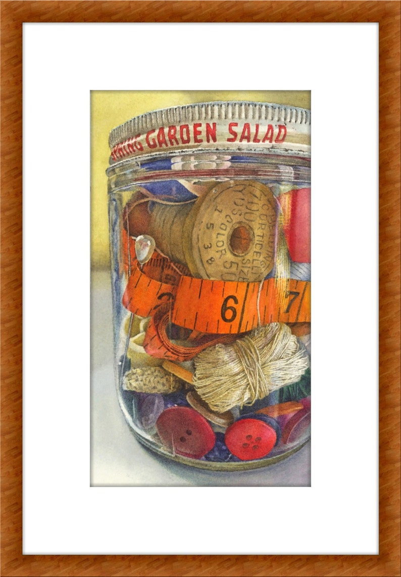 Realistic watercolor PAINTING giclee reproduction sewing craft room decor vintage thread spools buttons in jar photorealism fine art image 3