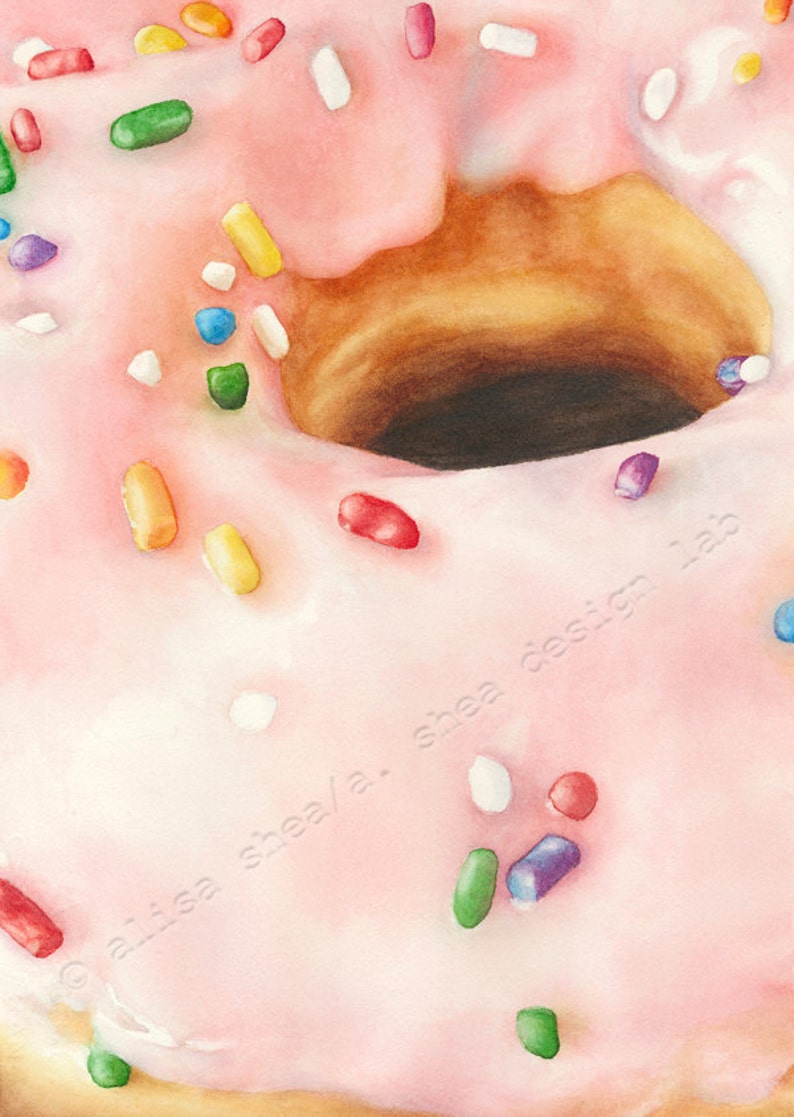 Pink donut watercolor PAINTING rainbow sprinkles fine art print realistic food doughnut girly pastel art nursery dessert kitchen decor image 1