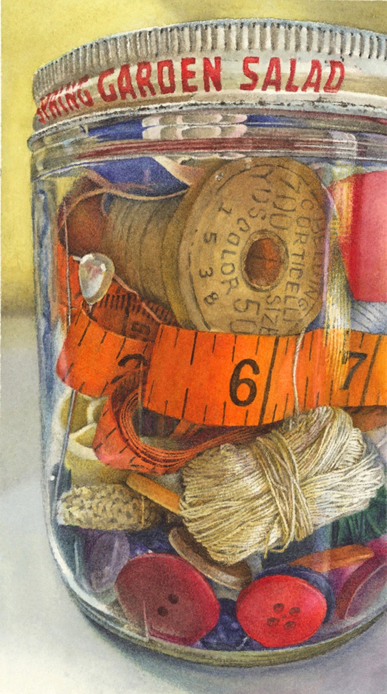 Realistic watercolor PAINTING giclee reproduction sewing craft room decor vintage thread spools buttons in jar photorealism fine art image 1