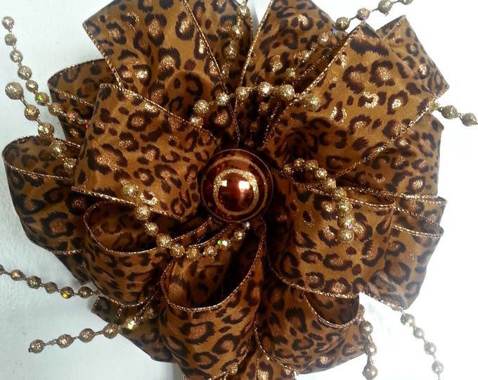 Large Ribbon Christmas Tree Topper in Leopard Print With Gold
