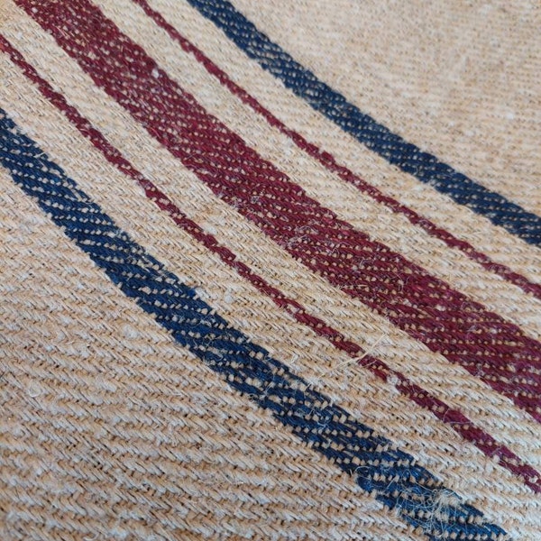 Chanvre antique rare tapis de passage tapis de jute lin rayé bleu bordeaux rustique rugueux 45,2 pouces 21,25 de large zs29