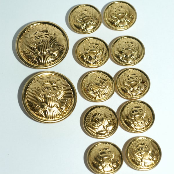 Brass Blazer Button Set. Traditional Eagle Crest. 2 Front and 10 Sleeve Buttons