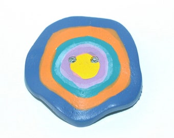 Painted Wood Wavy Wafer Button - Purple, Orange, Green 1 1/8"