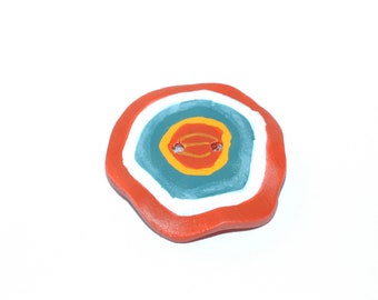 Hand Painted Wood Wafer Button. Red, Teal, White, Orange Size 1 1/8"