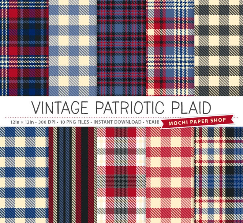 Vintage Patriotic Plaid Digital Paper Red White Blue Plaid | Etsy