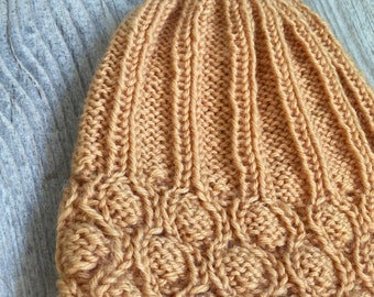 Hand Knitted Hat, Handknitted Beanie, Wool Beanie, Ski Hat, Winter Hat, Women's Hand Knitted Beanie, Light Golden Yellow, Unusual Design