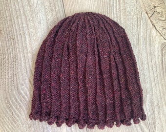 Hand Knitted Hat, Handknitted Beanie, Wool Beanie, Ski Hat, Winter Hat, Women's Hand Knitted Beanie, Burgundy, Tiny Pom Pom Fringe Hat