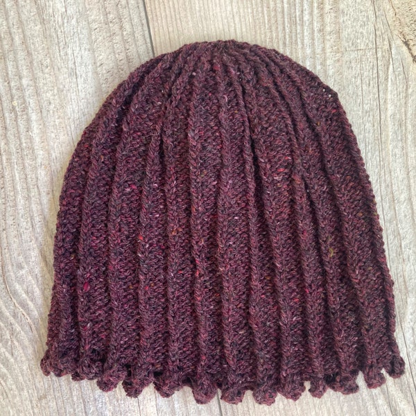 Hand Knitted Hat, Handknitted Beanie, Wool Beanie, Ski Hat, Winter Hat, Women's Hand Knitted Beanie, Burgundy, Tiny Pom Pom Fringe Hat