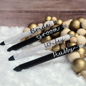 Wedding Pens, Inkjoy Gel Pens, Bride, Groom, Wifey, Hubby, Glitter Pens, Refillable, Black Ink, Engagement Gift, Bridal Shower, Wedding gift