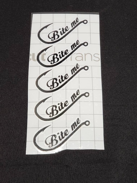 5 Qty Bite Me Fish Hook Vinyls, Black Vinyl, 2 inches wide x 1.25 tall,  For Fish Lure Tumblers, Drinkware Decals, Made With Cricut Vinyl.