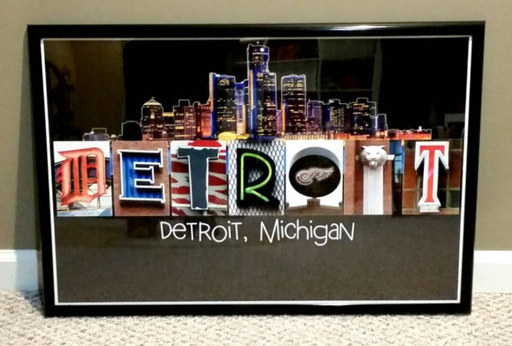 Framed Detroit Word Art Poster Board Size 20x30 Excellent Etsy