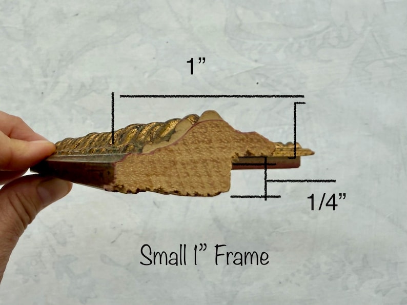 May include: A cross-section of a small picture frame, 1 inch wide and 1/4 inch thick, with a gold-colored, ornate edge. The text "Small 1" Frame" is visible.