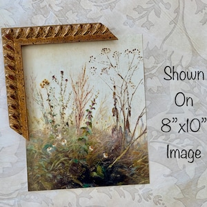 May include: A framed print of a watercolor painting depicting a field of wildflowers in shades of brown, green, and white. The frame is a gold color with a rope-like design. The print is shown on an 8" x 10" image.