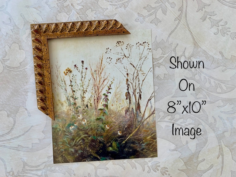 May include: A framed print of a watercolor painting depicting a field of wildflowers in shades of brown, green, and white. The frame is a gold color with a rope-like design. The print is shown on an 8" x 10" image.