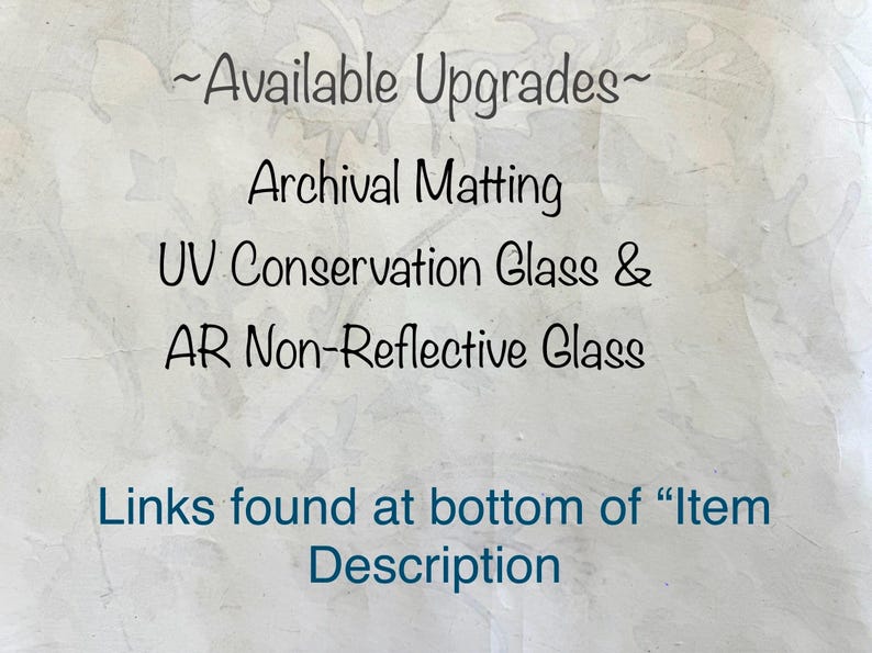 May include: Text on a light background reads "~Available Upgrades~", followed by "Archival Matting", "UV Conservation Glass &", and "AR Non-Reflective Glass". Below, it says "Links found at bottom of 'Item Description'".
