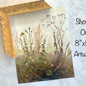 May include: Artwork featuring a detailed painting of wildflowers and grasses in muted tones of green, brown, and beige. The artwork is 8" x 10" and is displayed in a gold-colored ornate frame. The text "Shown On 8"x10" Artwork" is visible.