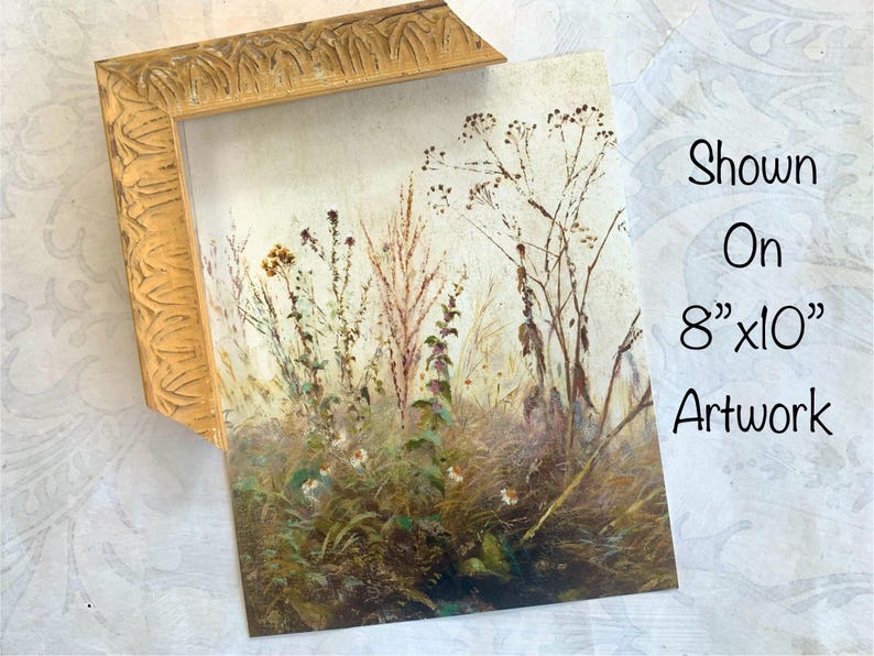 May include: Artwork featuring a detailed painting of wildflowers and grasses in muted tones of green, brown, and beige. The artwork is 8" x 10" and is displayed in a gold-colored ornate frame. The text "Shown On 8"x10" Artwork" is visible.