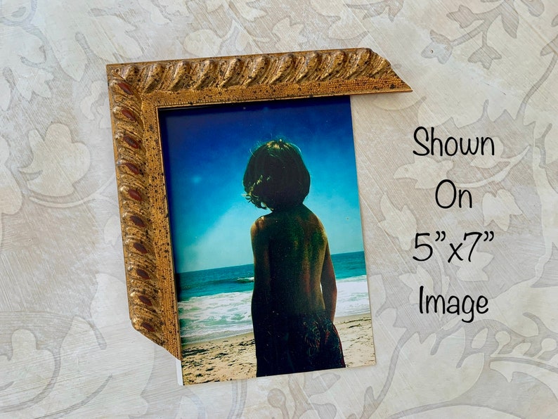 May include: A gold-toned picture frame with a rope-like design around the edge. The frame is holding a 5" x 7" photograph of a person standing on a beach.