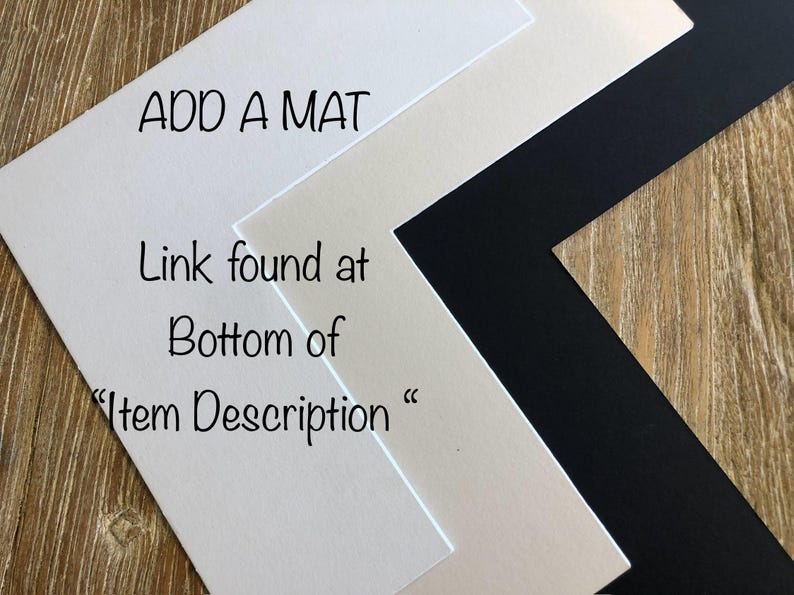 May include: An angled view of three mat boards in white, cream, and black. Text on the white mat reads "ADD A MAT" and "Link found at Bottom of 'Item Description'". The mats are arranged on a wood-grain surface.