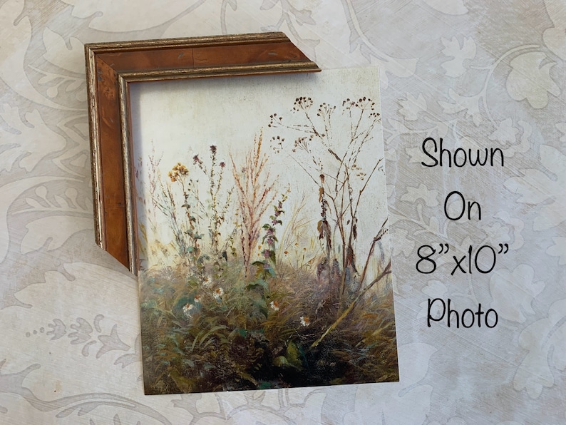 May include: A framed painting of a field of wildflowers in shades of brown, green, and white. The painting is shown in an 8x10 inch frame.