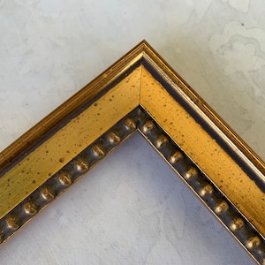 May include: Close-up of a gold picture frame with a beaded edge. The frame has a dark brown inner edge and a gold outer edge.