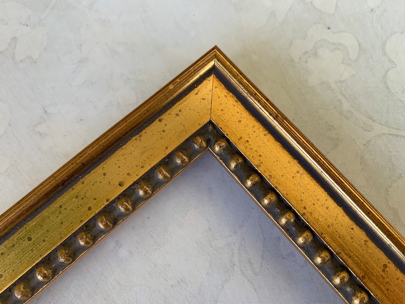May include: Close-up of a gold picture frame with a beaded edge. The frame has a dark brown inner edge and a gold outer edge.