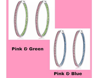 Two-Tone Crystal Hoop Earrings, Hypoallergenic Stainless Steel, 2"