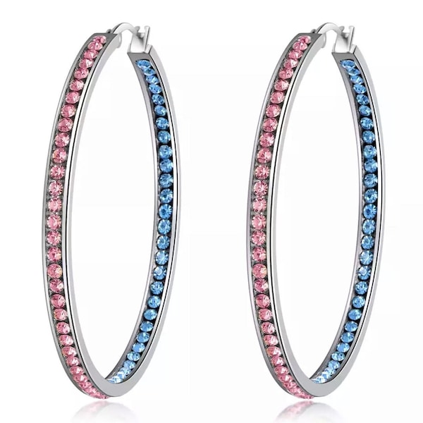 Unique 2-Color Crystal Stainless Steel Hoop Earrings Hypoallergenic Jewelry 2” Hoop Earrings pink/blue, pink/green, crystal on black.