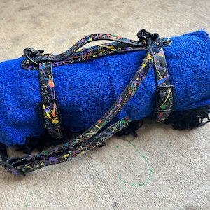 Genuine Leather BLANKET CARRIER - YOGA mat carrier with splatter paint - customizable