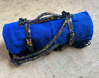 Genuine Leather BLANKET CARRIER - YOGA mat carrier with splatter paint - customizable