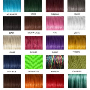 May include: A grid of colorful cords, each labeled with a color name. Colors include aquamarine, green, oxblood, silver, black, Havana cigar, pink, white, cream, fuchsia, purple, yellow, dark blue, neon green, rainbow, pear green, dark brown, orange, red, and sage green.