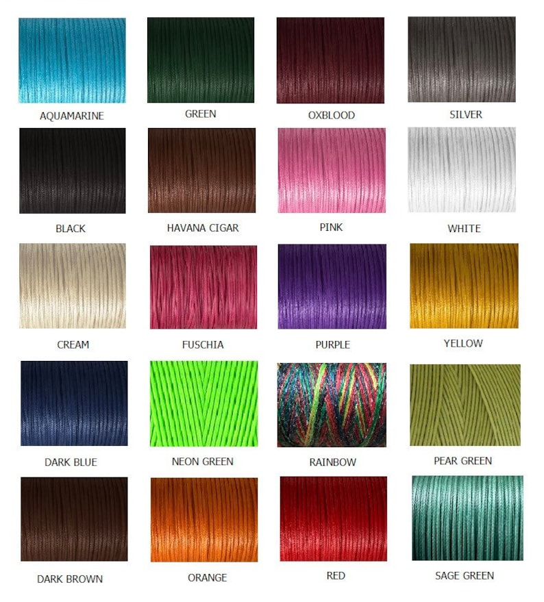 Puede incluir: Una cuadr&iacute;cula de cordones coloridos, cada uno etiquetado con un nombre de color. Los colores incluyen aguamarina, verde, sangre de buey, plata, negro, habano, rosa, blanco, crema, fucsia, morado, amarillo, azul oscuro, verde ne&oacute;n, arco&iacute;ris, verde pera, marr&oacute;n oscuro, naranja, rojo y verde salvia.