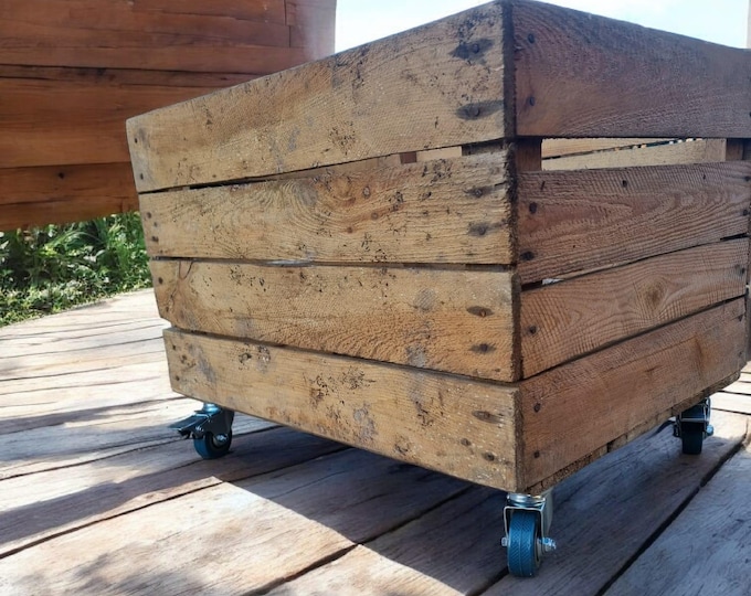 Vintage Wooden Apple Crate - Book / Vinyl / Log Storage - WITH WHEELS & HANDLES