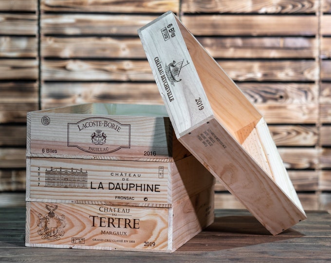 Traditional FRENCH WOODEN WINE  Box Crate Storage unit (6 bottle Shallow size Short Sided Logo)