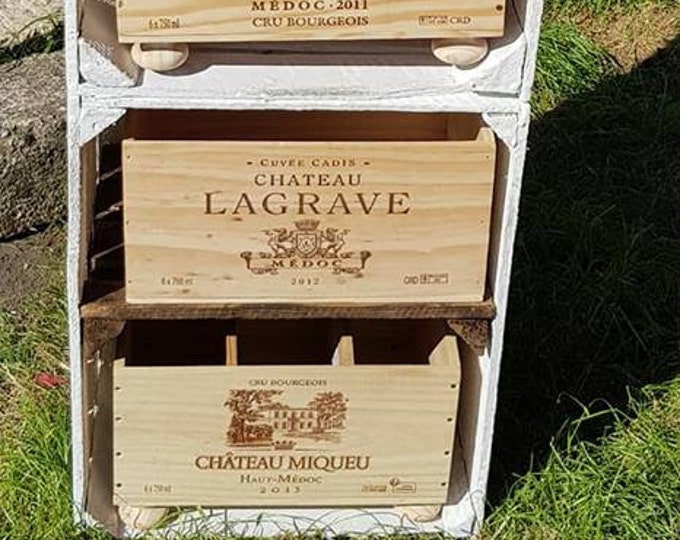 STORAGE UNIT with DRAWERS - 2 x White Painted Crates with Burnt wood shelves and genuine wine box drawers