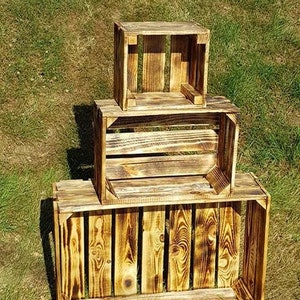 Pack of 3 Mixed Size x Burntwood Vintage Rustic European Wooden Apple Crates, ideal storage stacking boxes box display crate bookshelf idea