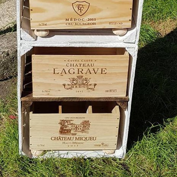 STORAGE UNIT with DRAWERS - 2 x White Painted Crates with Burnt wood shelves and genuine wine box drawers