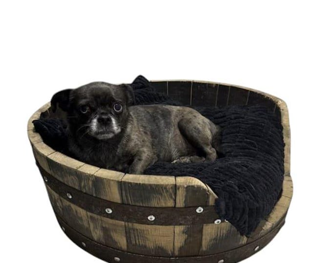 Oak Whisky Barrel Dog Bed - Pet Cat Puppy - Indoor or Outdoor Use. Wooden Bed