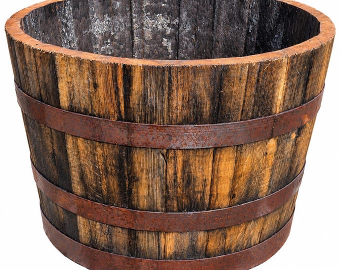 Varnished Authentic Bourbon Barrel Planter | 20 Year Old Reclaimed Whisky Barrel |Rustic Wooden Garden Planter | Half Barrel Tub
