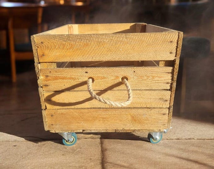 Log Crate / Fire Wood kindling Log store / Carrier Holder - Wooden box with rope handles & castors. Made from a Vintage Apple Crate