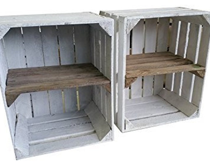 1 x White Painted Crate with SHORT Burnt wood shelf - Wooden Apple Crates, ideal storage boxes box display crate bookshelf dresser