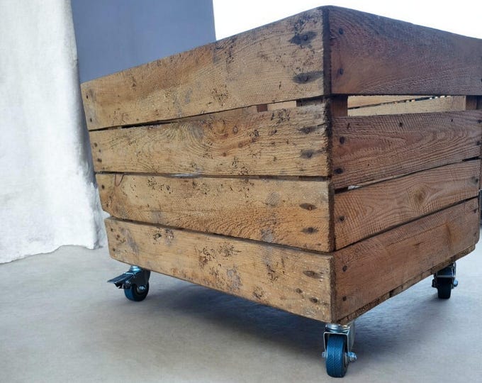 Vintage Wooden Apple Crate WITH CASTORS, Rustic Wood Box, Wedding Decor, Farmhouse Log Storage, Cottage Living, Photo Prop