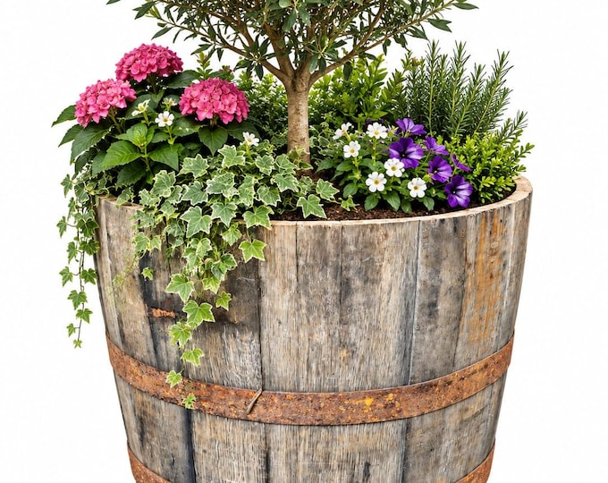 52CM TALL - Rustic Oak Barrel Planter, Large Wooden Whisky Barrel Garden Planter, Reclaimed Half Barrel Tub, Outdoor Flower & Tree