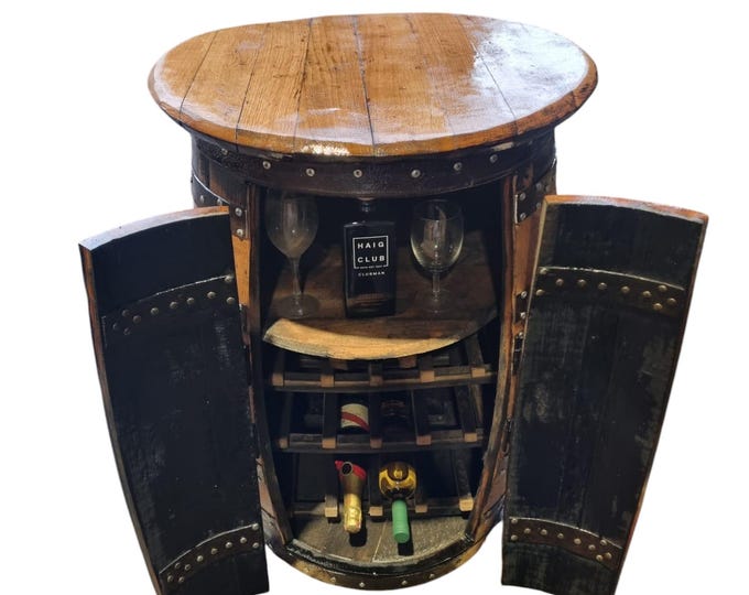 POSEUR TABLE & Wine Rack - Rustic Bourbon Barrel Cask Handcrafted Drinks Cabinet / Home Bar / Man Cave
