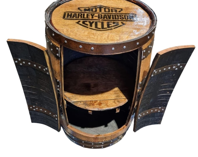 HARLEY DAVIDSON - Rustic Bourbon Barrel Cask Handcrafted Drinks Cabinet / Home Bar / Man Cave