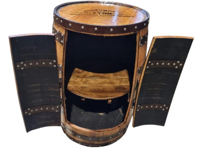 TOBERMORY SCOTCH WHISKY Branded - Rustic Bourbon Barrel Cask Handcrafted Drinks Cabinet / Home Bar / Man Cave