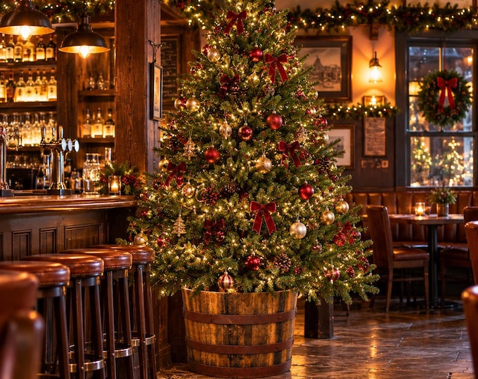 Rustic Varnished Half Whisky Barrel Christmas Tree Stand | 50 Year Old Oak | Heavy Duty | Handmade Vintage Style Christmas Decor